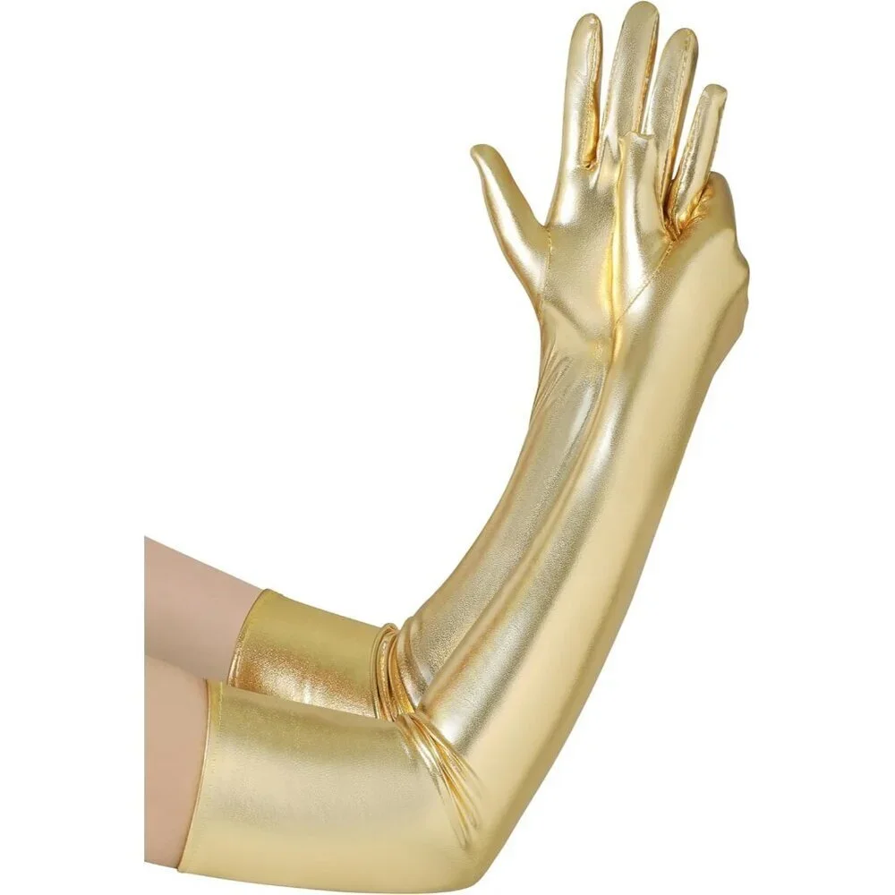 Women's Shiny Gold Metallic Wet Look Gloves Elbow Length Halloween Costumes